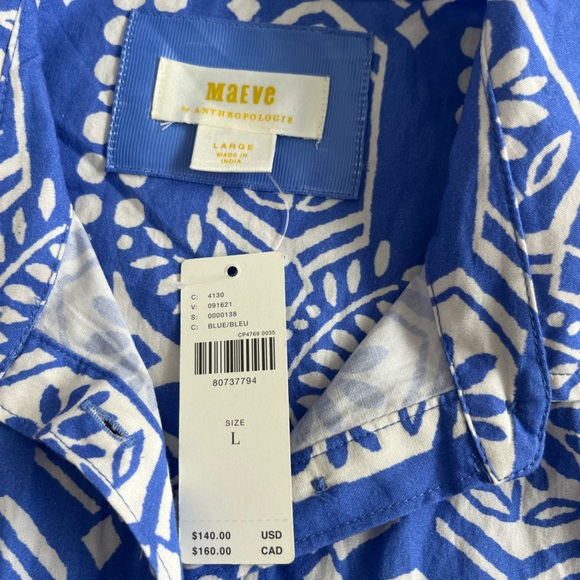 Anthropologie Maeve Blue & White Cotton and White Shirt Dress Size L - NWT! - Picture 6 of 8